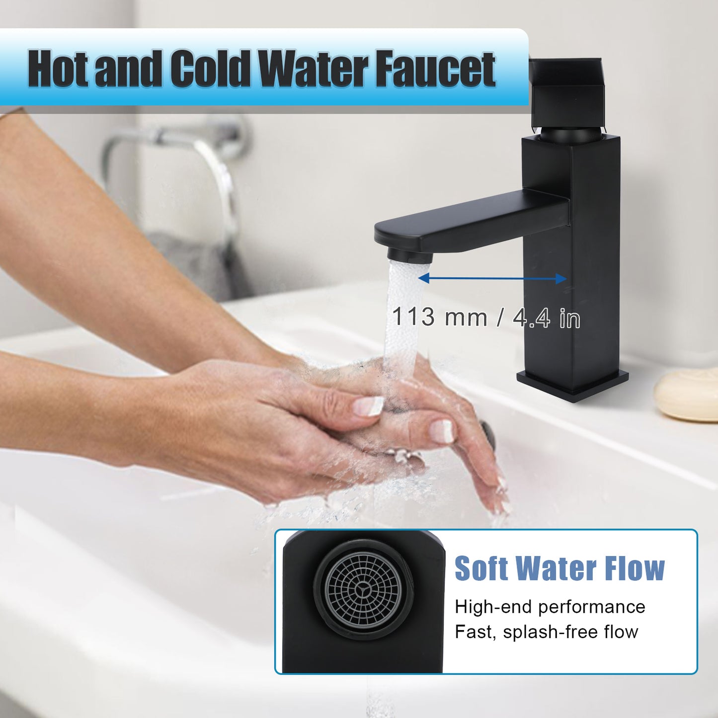 Black faucet being used to wash hands with text on water flow and dimensions.