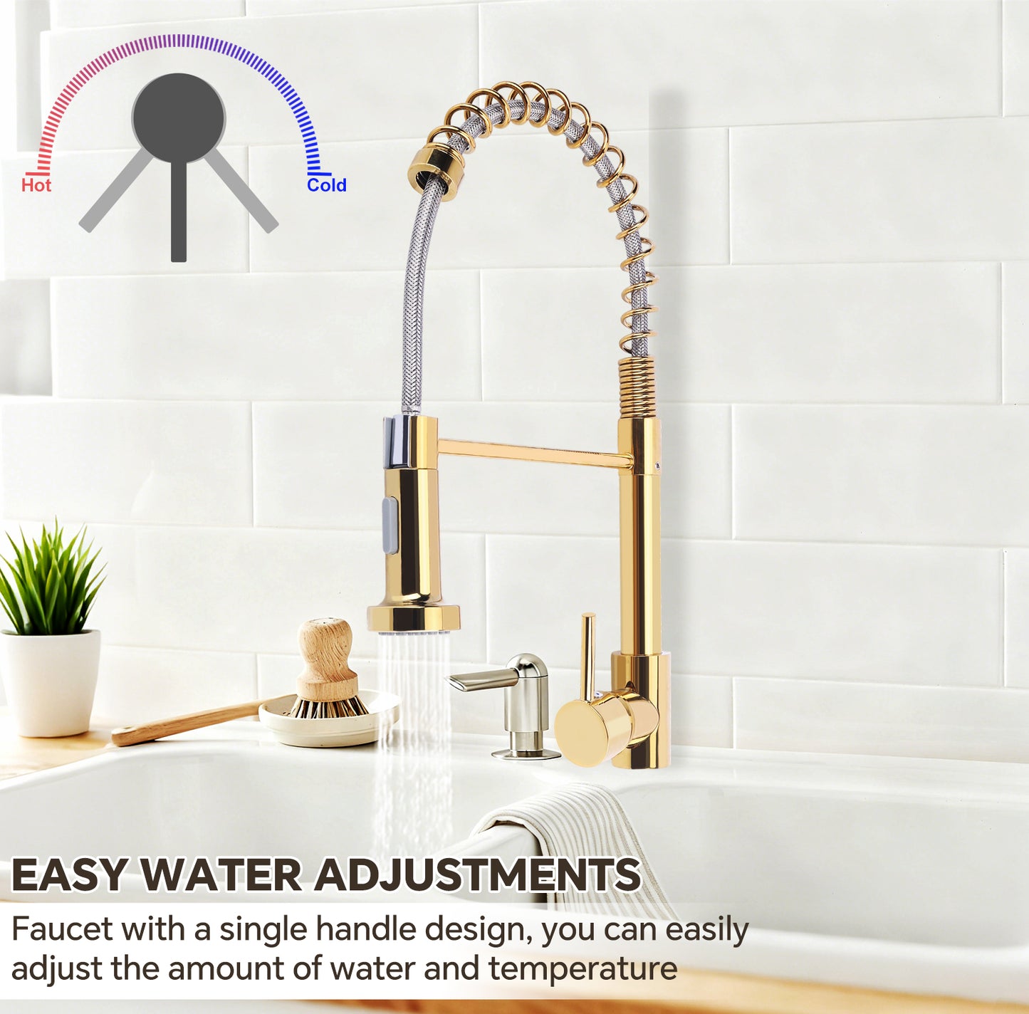 Gold kitchen faucet with adjustable water temperature indicator on a white tiled wall background.