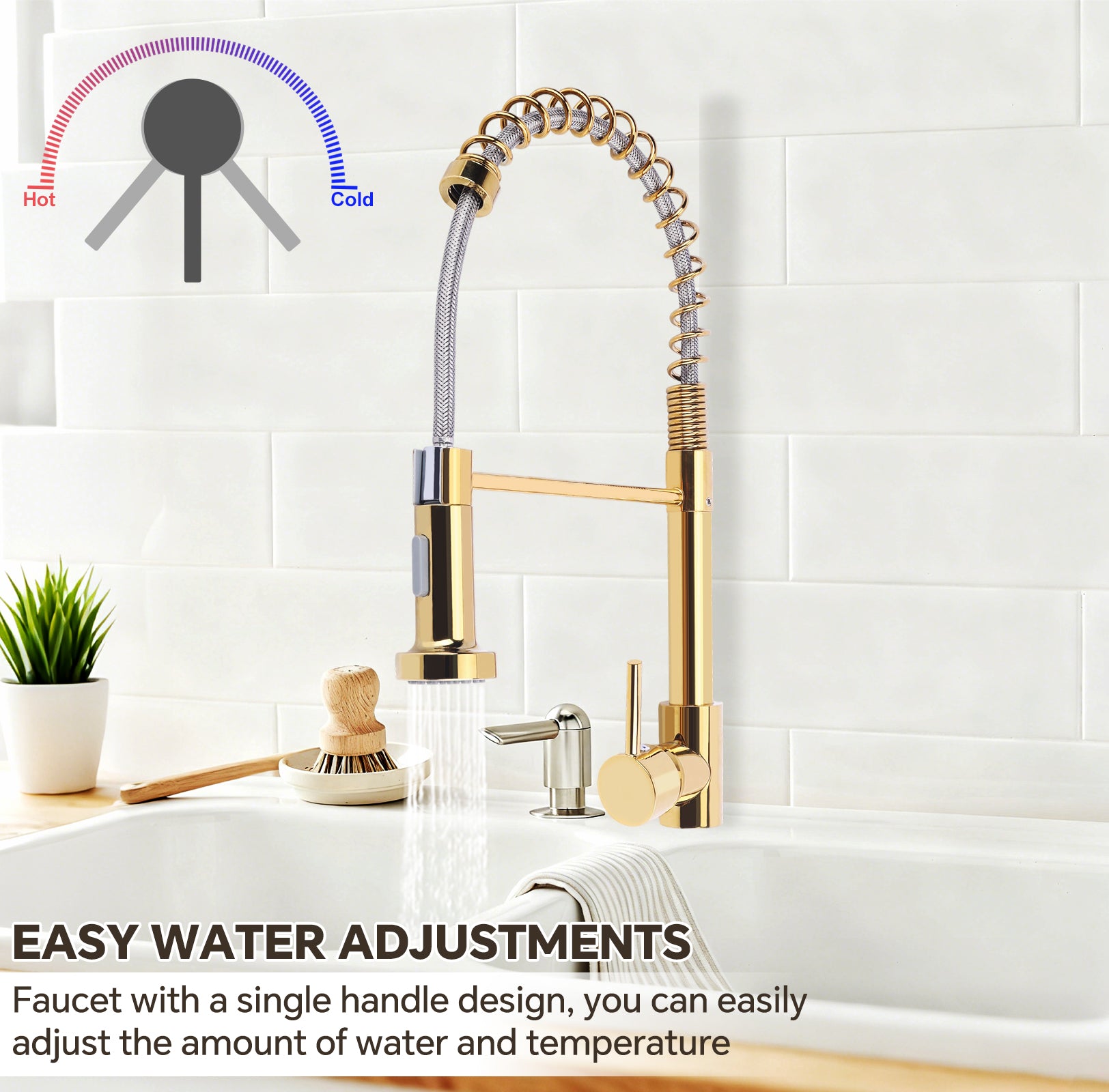 Gold kitchen faucet with adjustable water temperature indicator on a white tiled wall background.