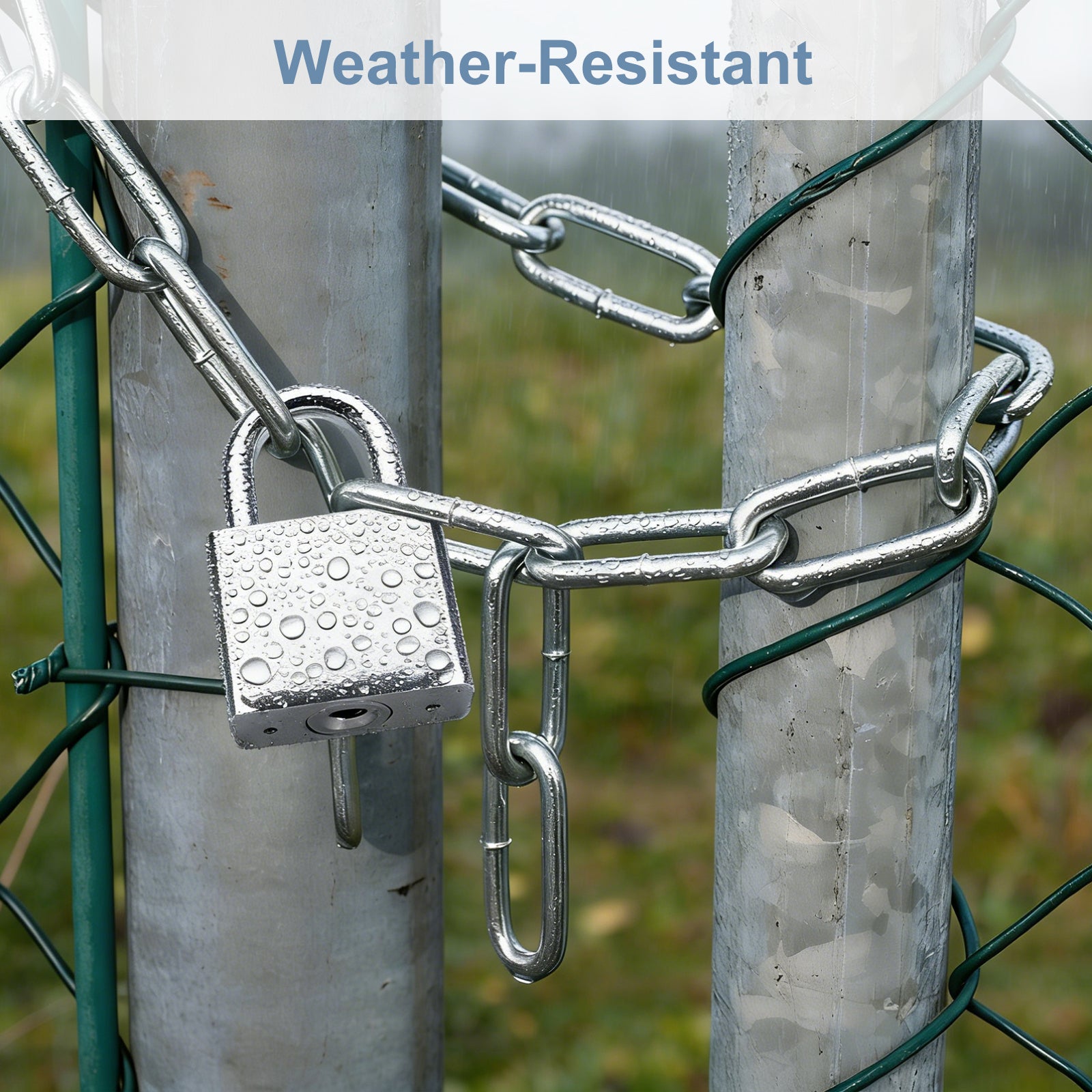 Metal chain and lock on a fence post with 'Weather-Resistant' text overlay.