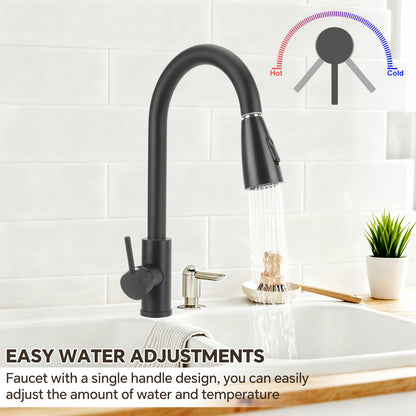Black faucet with single handle in a kitchen setting, showing water flow and temperature indicators.