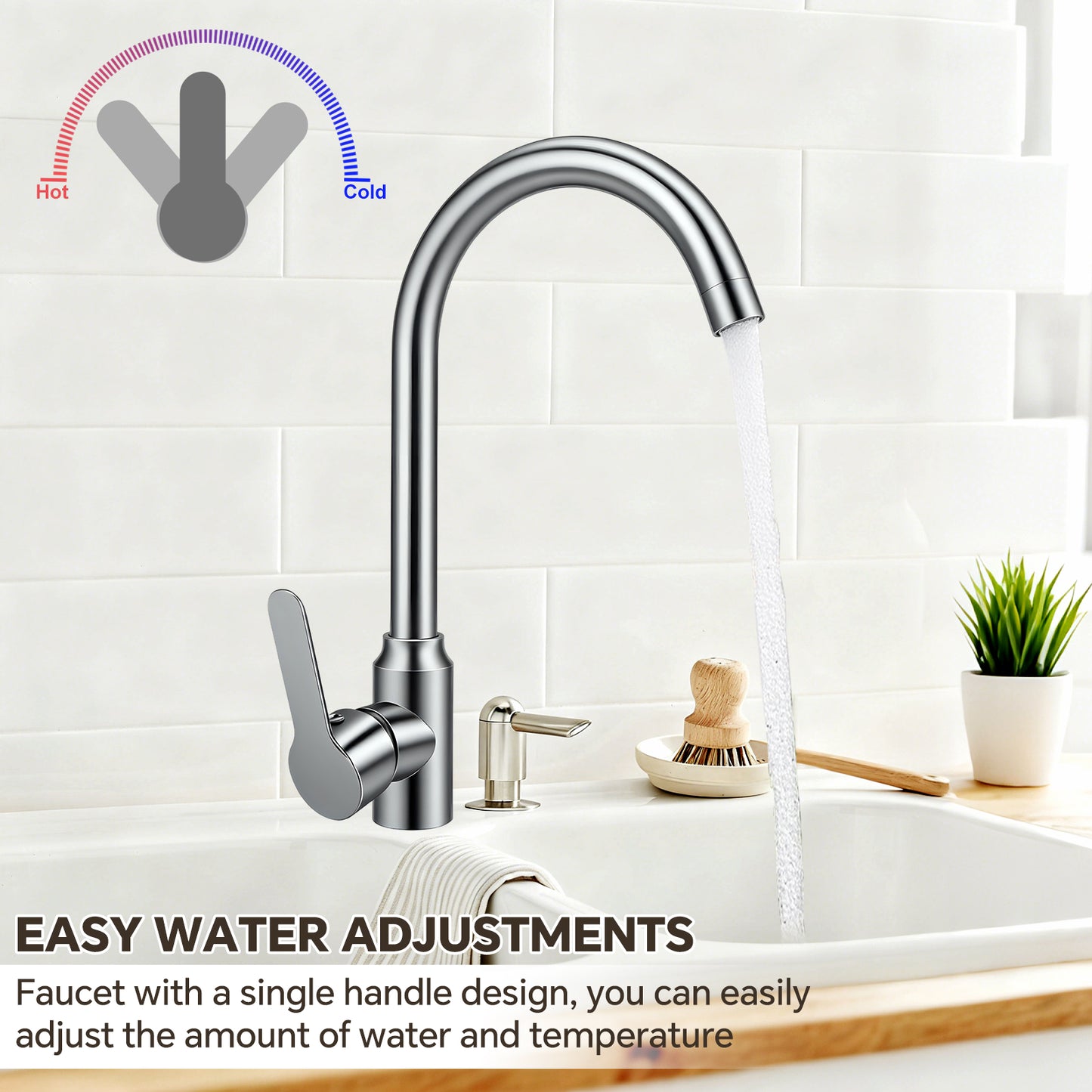 Modern kitchen faucet with water flowing, labeled for hot and cold water adjustments.