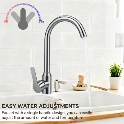 Modern kitchen faucet with water flowing, labeled for hot and cold water adjustments.