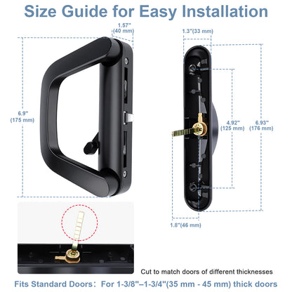 Size guide diagram for a black door handle set, showing front and side measurements in inches and millimeters, with installation notes and a small inset of the handle fitting a door.