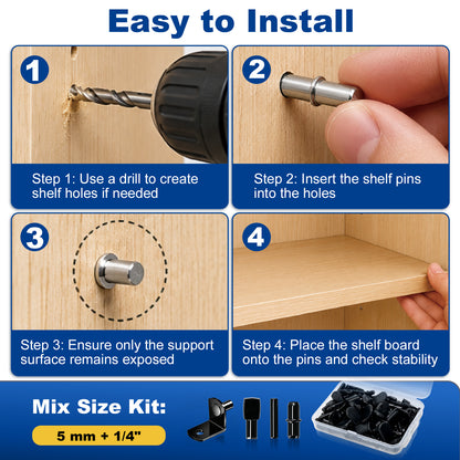 Instruction graphic showing how to install shelf support pins, with four numbered panels: using a drill to create a hole, inserting a metal pin into a wall hole, ensuring the pin is fully exposed, and placing a shelf board on the pins. The bottom panel advertises a mix size kit of 5 mm and 1/4 inch pins.
