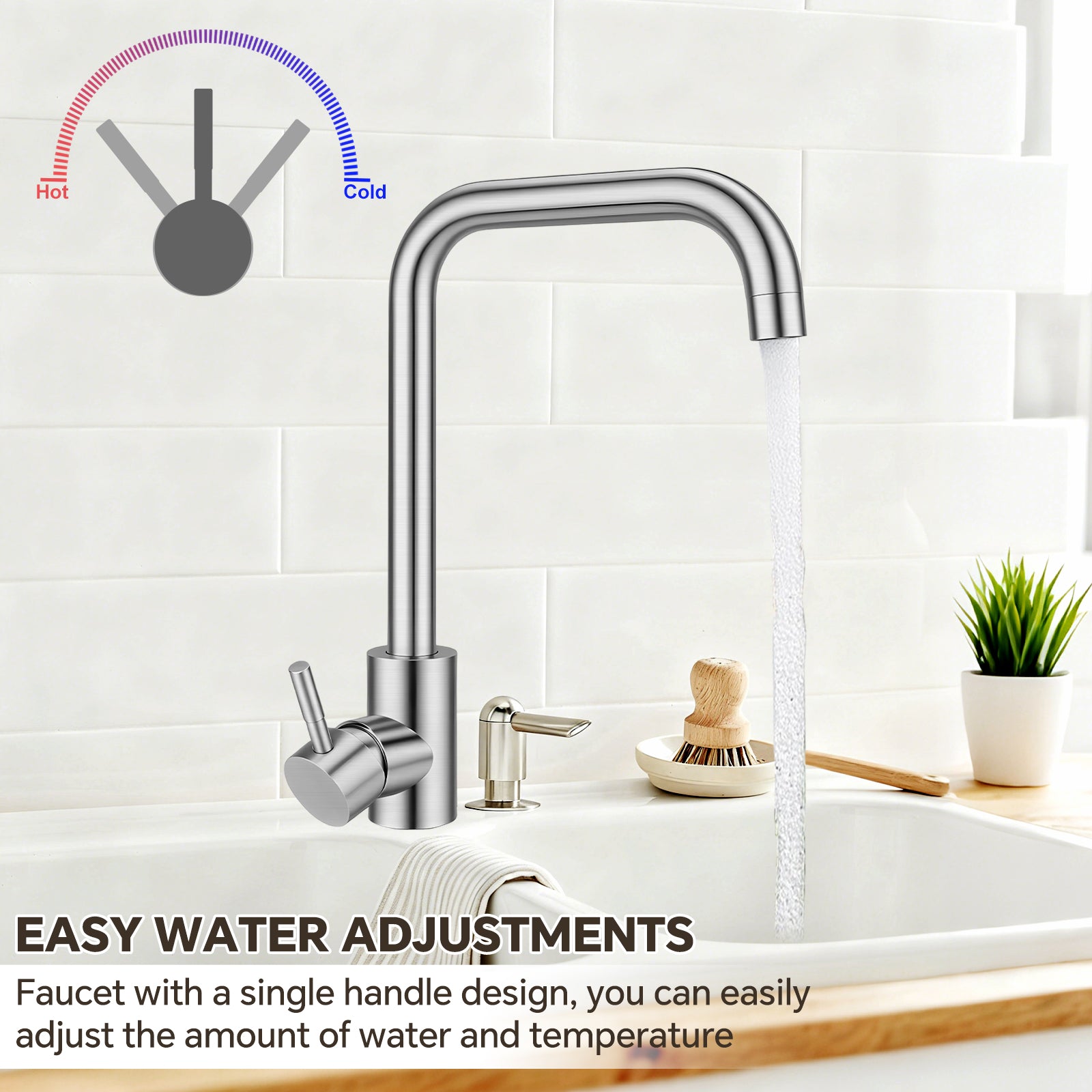 Chrome kitchen faucet with single handle in a modern kitchen setting, showing water flowing.
