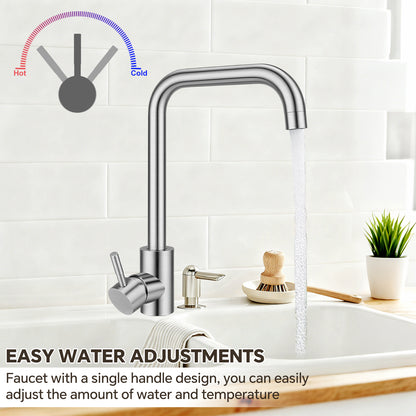 Chrome kitchen faucet with single handle in a modern kitchen setting, showing water flowing.