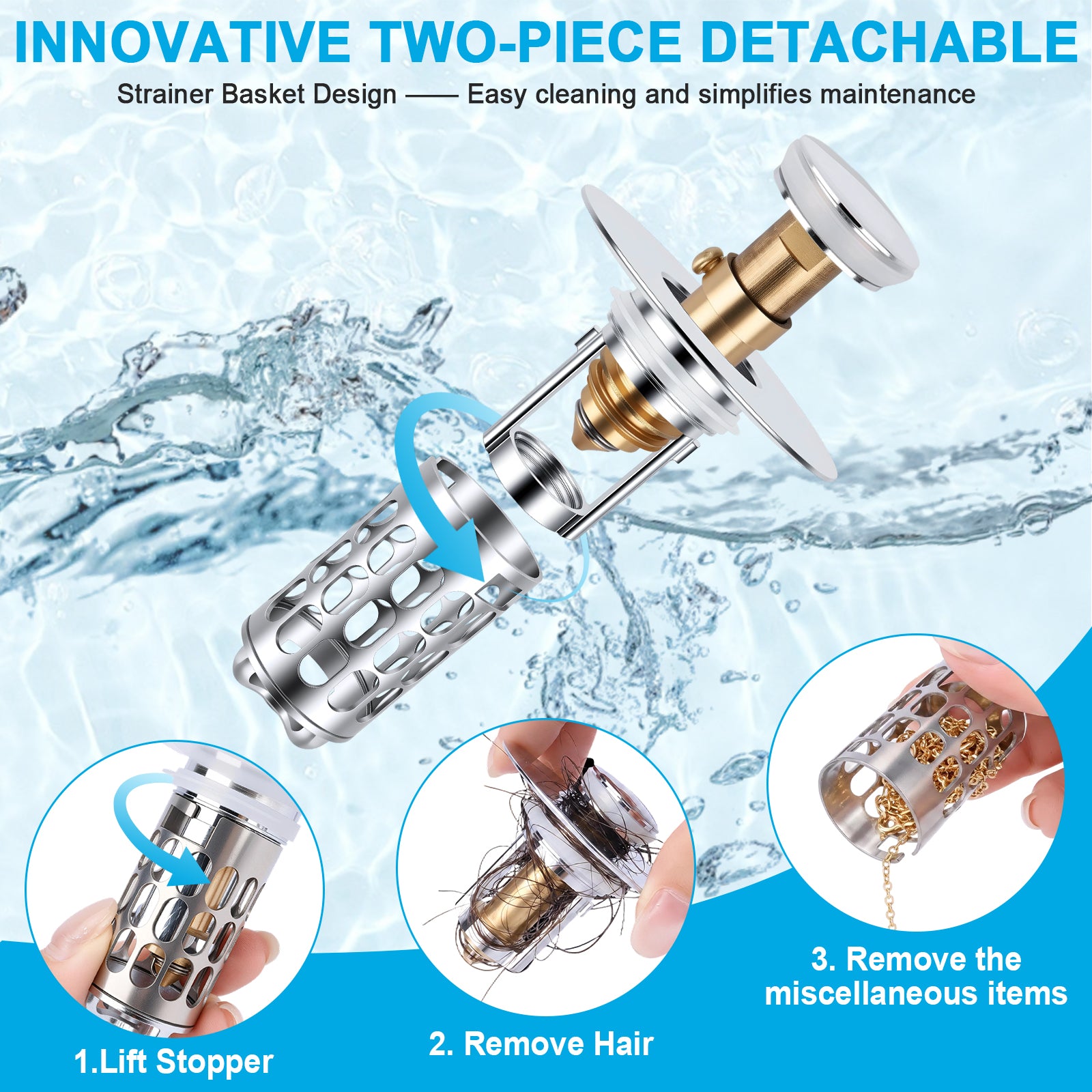 A two-piece detachable metal sink strainer basket with a gold-toned collar, shown floating over a water splash background with marketing text and three circular inset demonstration photos at the bottom showing how to lift the stopper, remove hair, and remove debris.