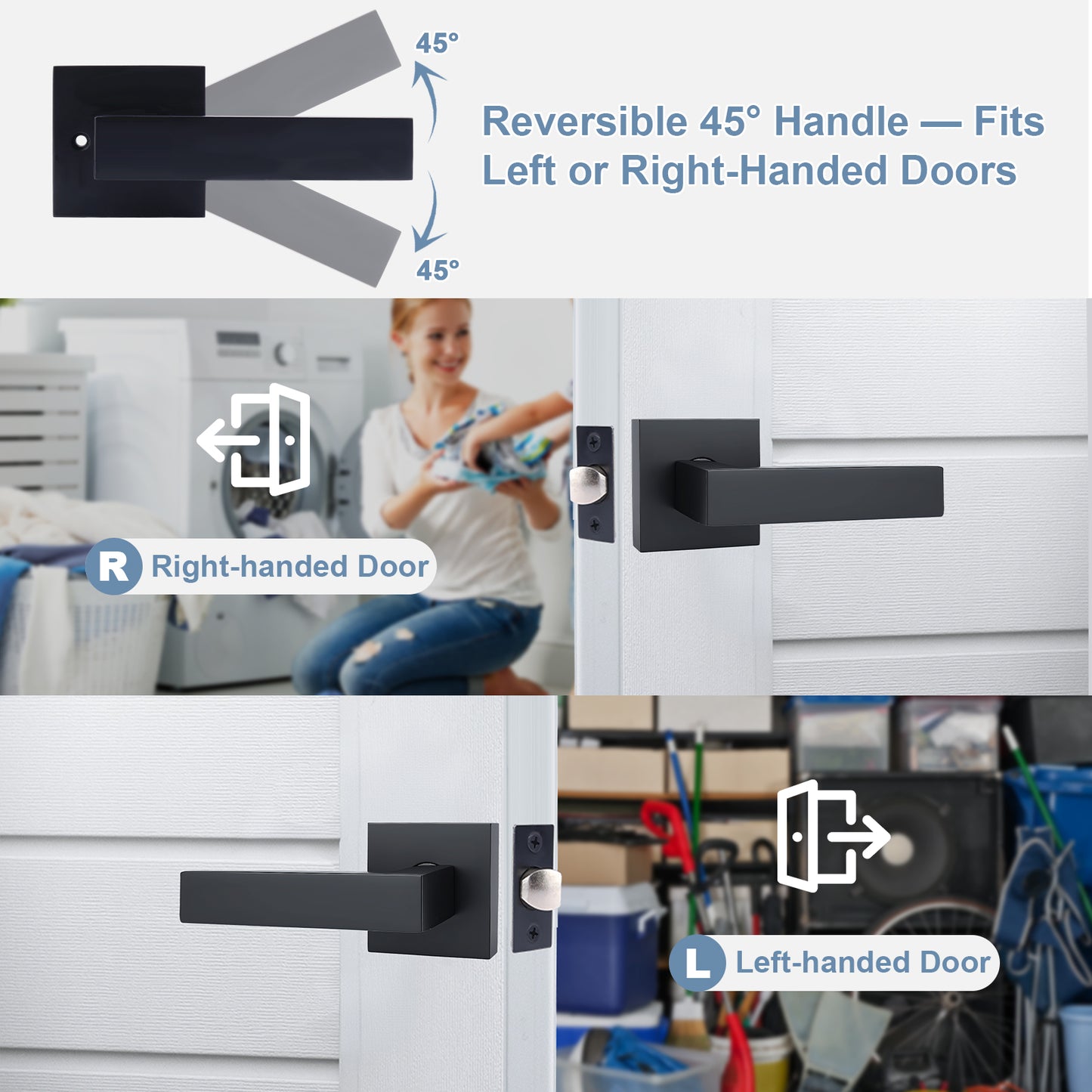 Black reversible door handle with installation instructions on a white background