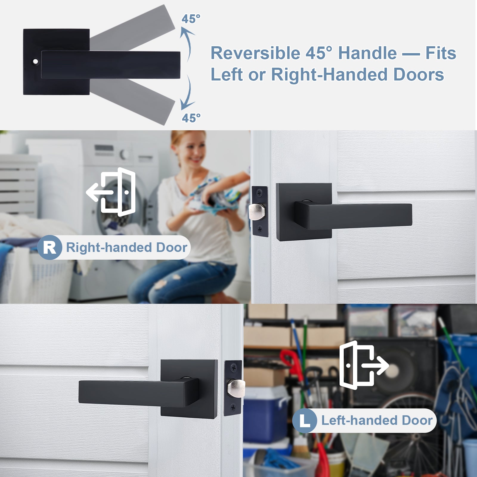 Black reversible door handle with installation instructions on a white background