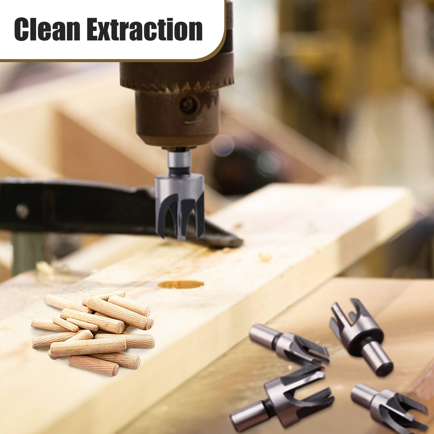 Drill bit set on a wooden surface with 'Clean Extraction' text above.