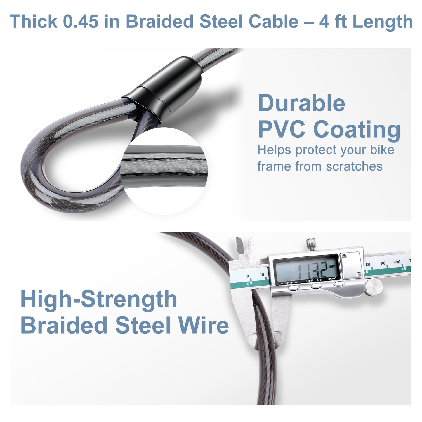 Braided steel cable with digital caliper measurement on a white background