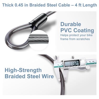 Braided steel cable with digital caliper measurement on a white background