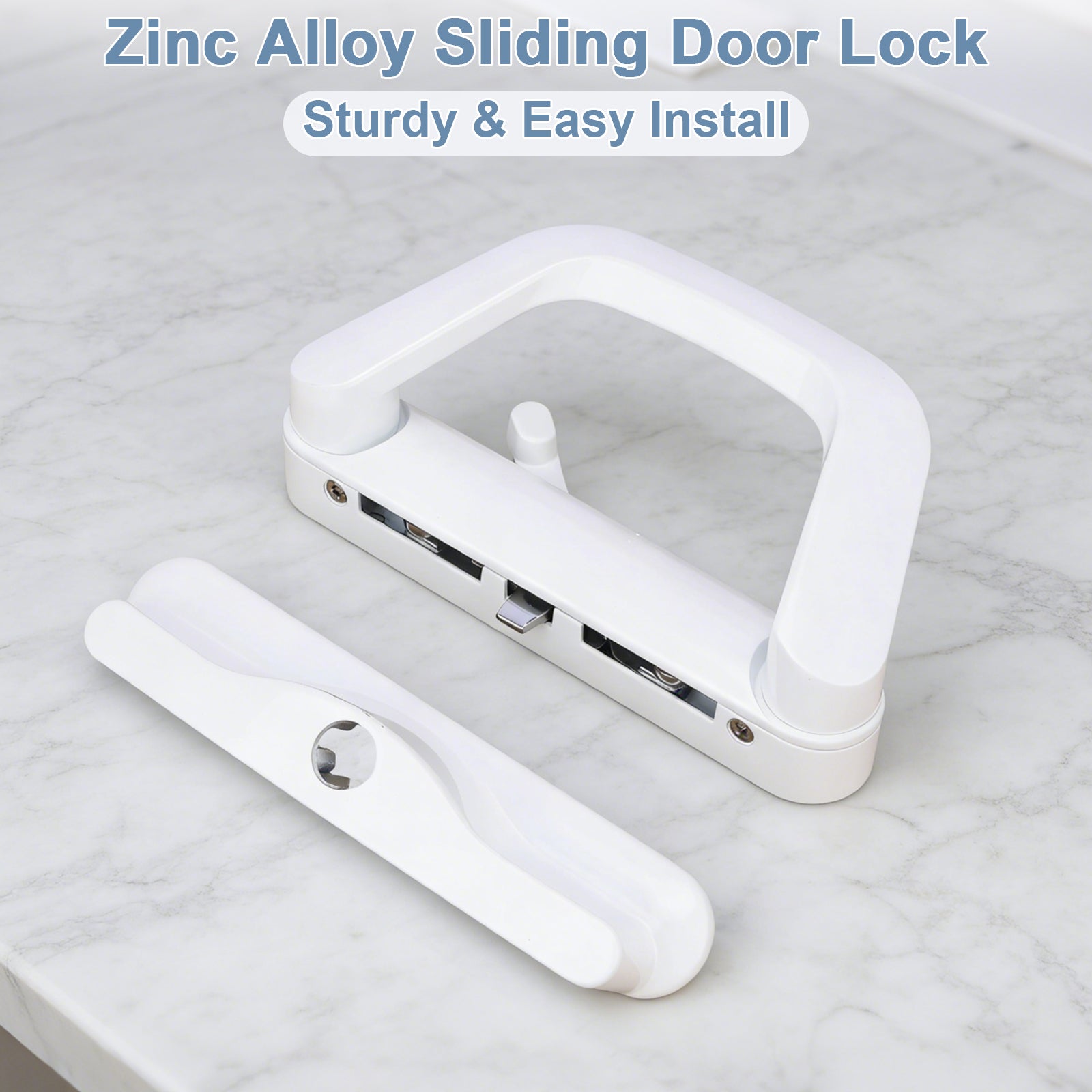 Zinc alloy sliding door lock on a marble surface with text 'Zinc Alloy Sliding Door Lock Sturdy & Easy Install'.