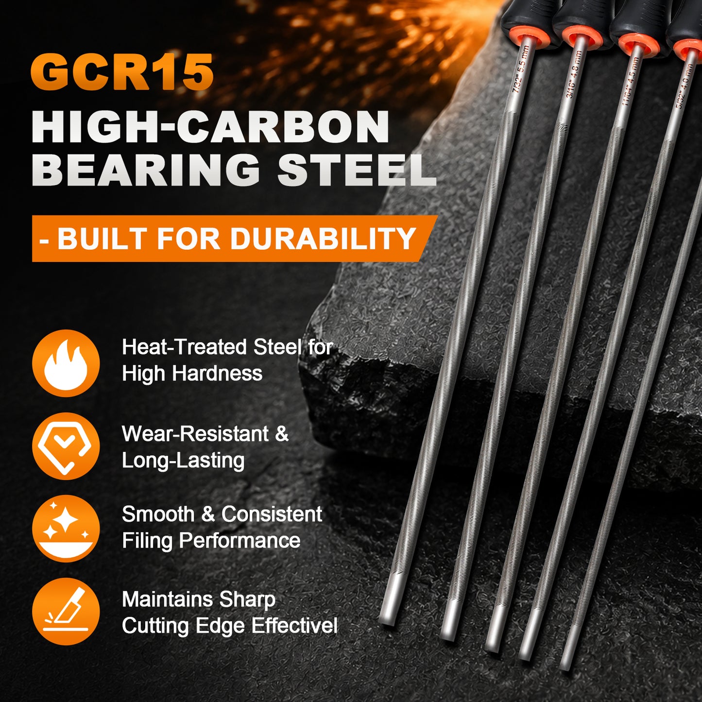 Six GCR15 high-carbon bearing steel rods arranged diagonally on a dark textured surface next to a rock, with promotional text highlighting heat-treated steel, wear resistance, and sharp cutting edge performance.