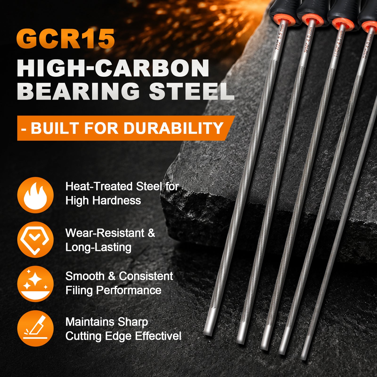 Six GCR15 high-carbon bearing steel rods arranged diagonally on a dark textured surface next to a rock, with promotional text highlighting heat-treated steel, wear resistance, and sharp cutting edge performance.