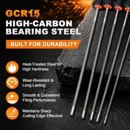 Six GCR15 high-carbon bearing steel rods arranged diagonally on a dark textured surface next to a rock, with promotional text highlighting heat-treated steel, wear resistance, and sharp cutting edge performance.