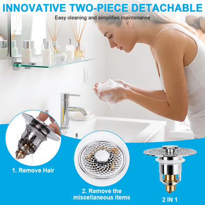 A woman washing her hands at a bathroom sink with promotional text reading 'Innovative Two-Piece Detachable' and three circular inset close-ups showing the drain components being cleaned and replaced.