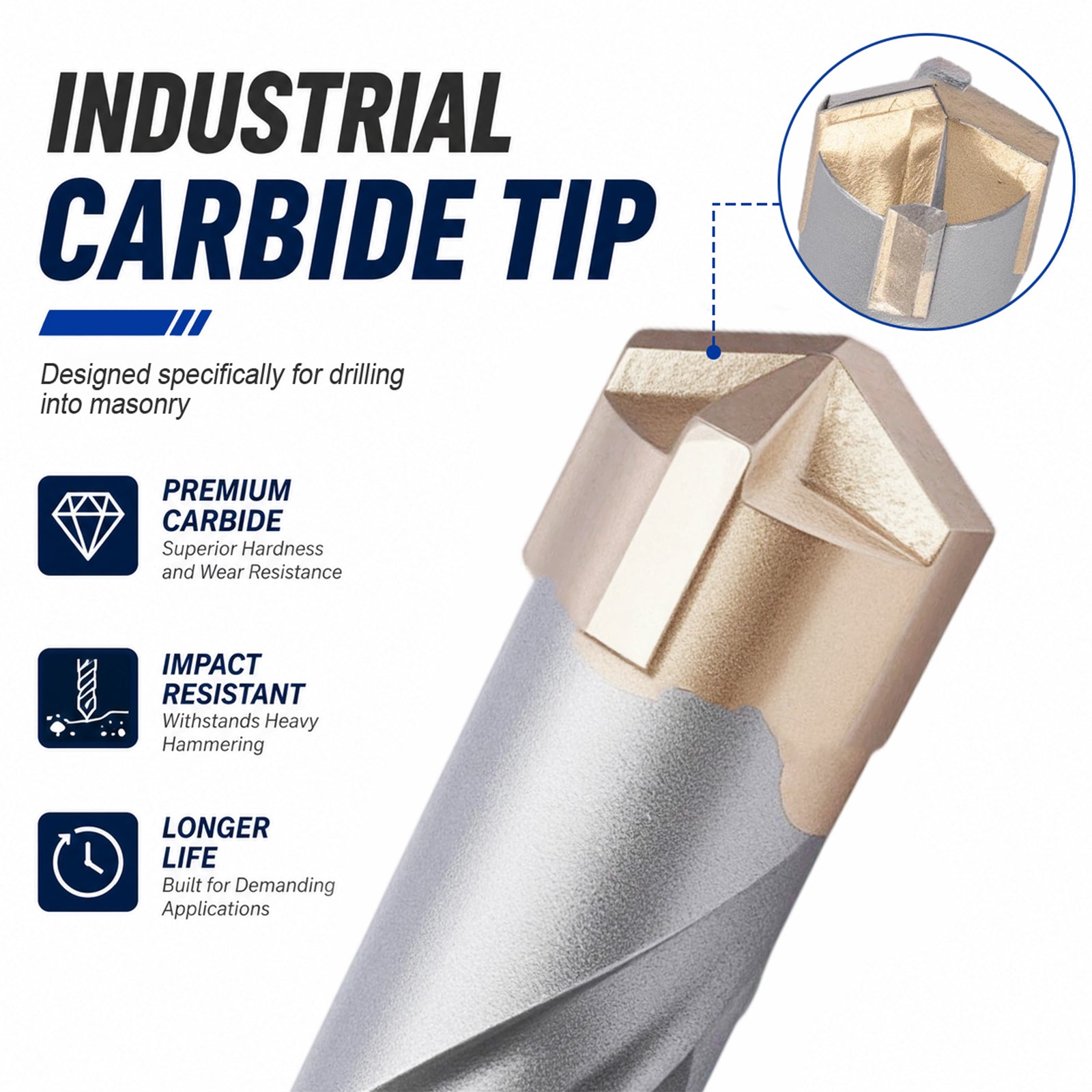 An industrial carbide masonry drill bit shown on a white background with marketing text and feature icons. The drill bit has a silver body and a gold-colored carbide tip, with a circular inset showing the hexagonal shape of the tip.