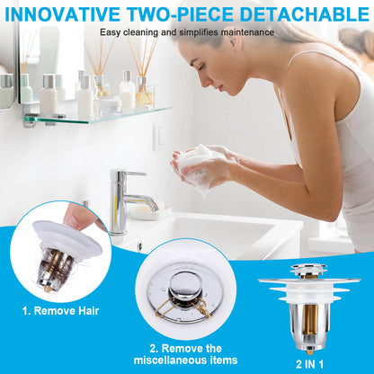A woman in a bathroom washes her hands over a sink while a detachable two-piece drain cleaning kit is shown in circular inset diagrams at the bottom. The image includes promotional text reading 'INNOVATIVE TWO-PIECE DETACHABLE' and step labels for removing hair and miscellaneous items.