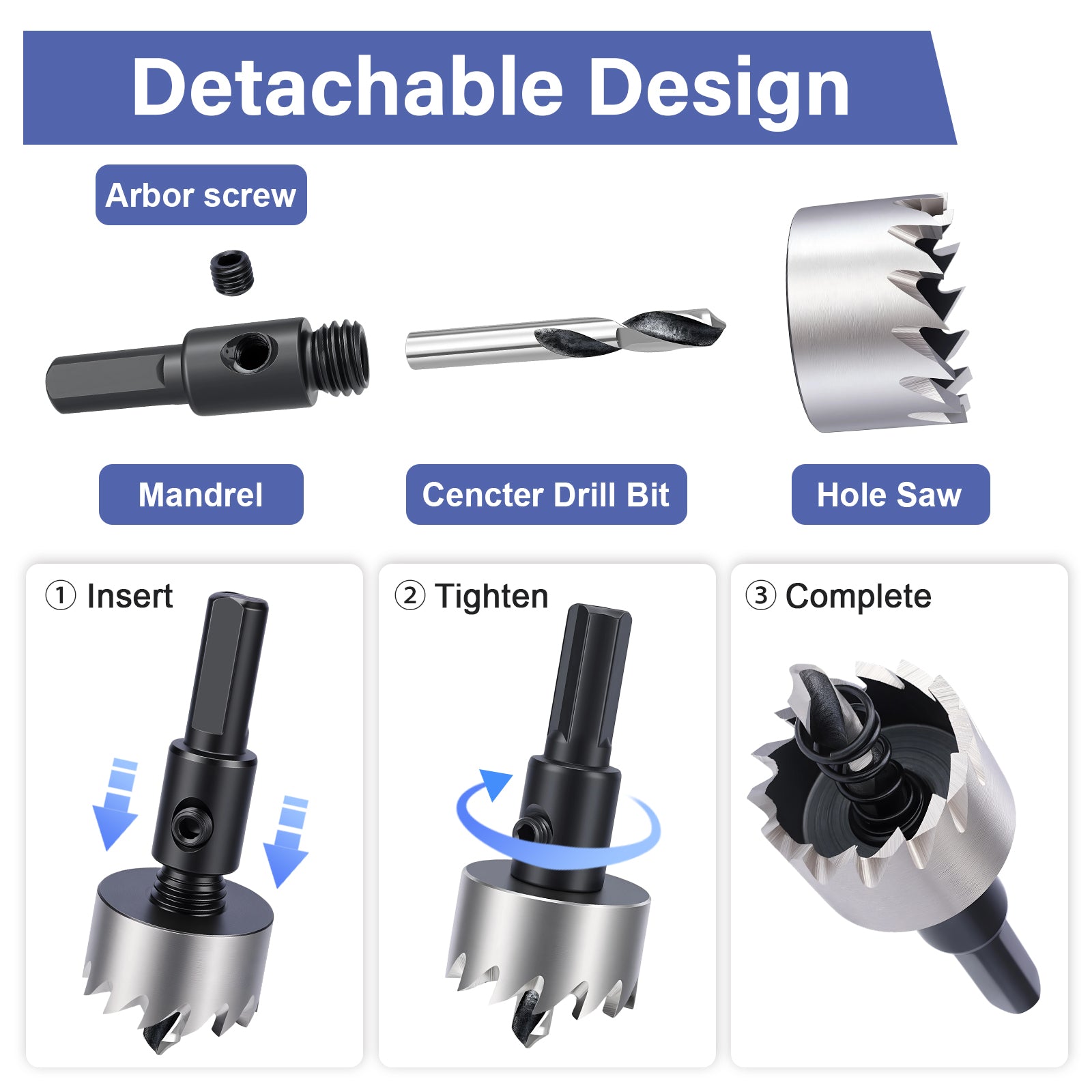 Detachable HSS Hole Saw Kit - Arbor, Mandrel, Drill Bit, Saw Teeth for Easy Assembly