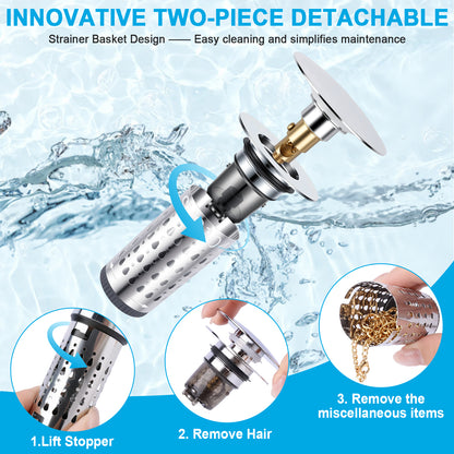 A stainless steel two-piece detachable drain strainer basket shown over a water splash background, with text and circular inset diagrams explaining how to lift the stopper, remove hair, and clear clogs.