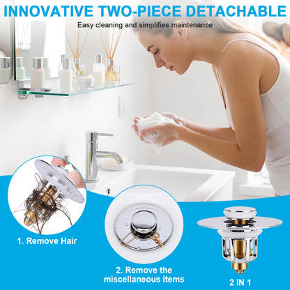 A woman washes her hands at a bathroom sink while wearing a white tank top. The image includes promotional text and inset circles showing a detachable two-piece drain cleaning product, with one inset demonstrating removal of hair and debris from the drain.