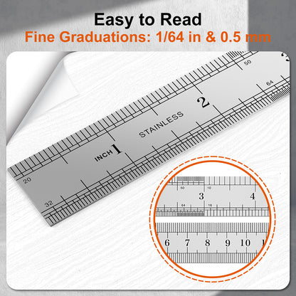 Metal ruler with fine graduations on a white background