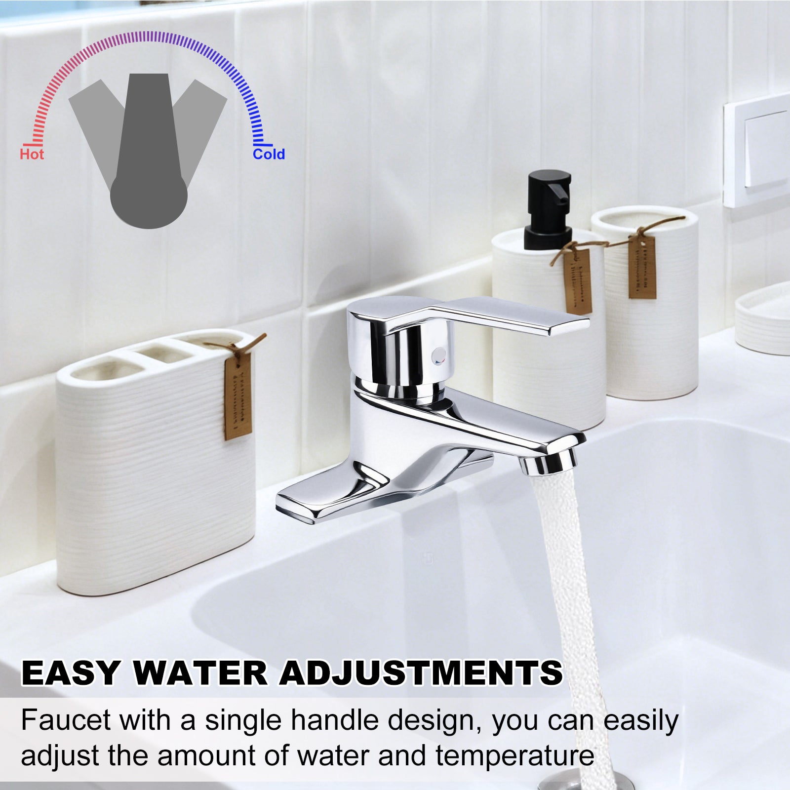 Chrome faucet with water flowing, labeled for hot and cold water, in a bathroom setting.