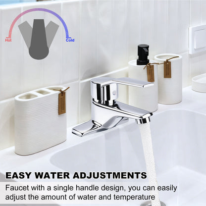 Chrome faucet with water flowing, labeled for hot and cold water, in a bathroom setting.