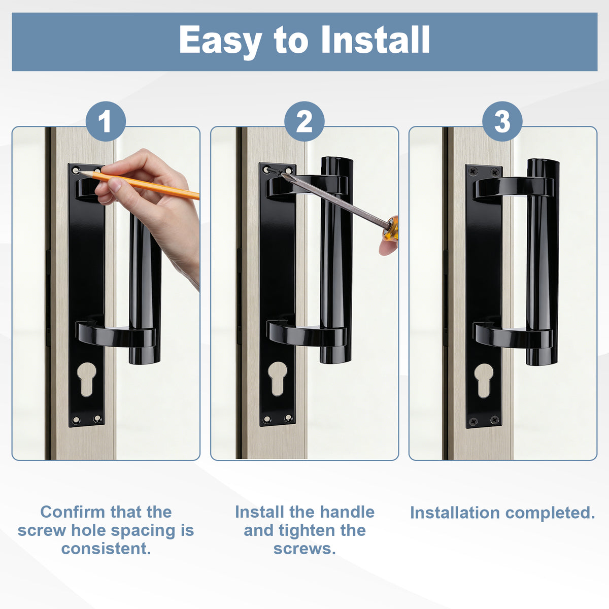 Instruction graphic showing three steps to install a black door handle on a beige door, with a hand using a pencil in step 1 and a screwdriver in step 2. The header reads 'Easy to Install'.