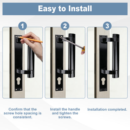 Instruction graphic showing three steps to install a black door handle on a beige door, with a hand using a pencil in step 1 and a screwdriver in step 2. The header reads 'Easy to Install'.