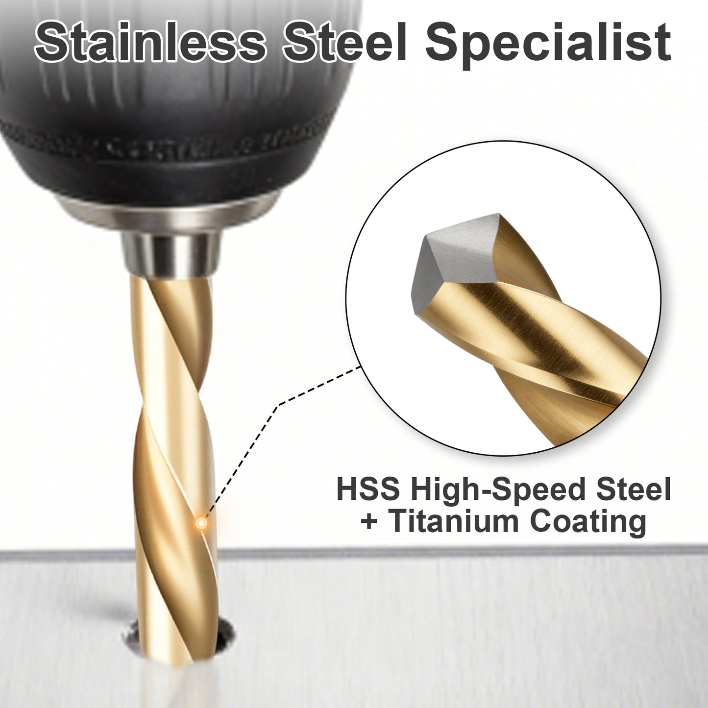 Drill bit with HSS High-Speed Steel and Titanium Coating on a white background