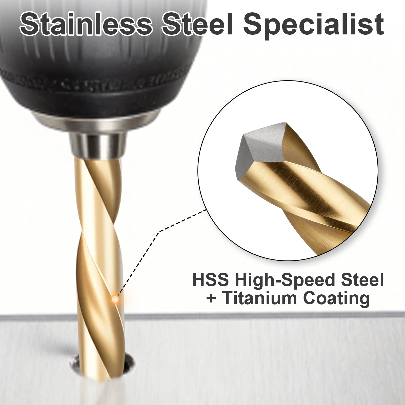 Drill bit with HSS High-Speed Steel and Titanium Coating on a white background