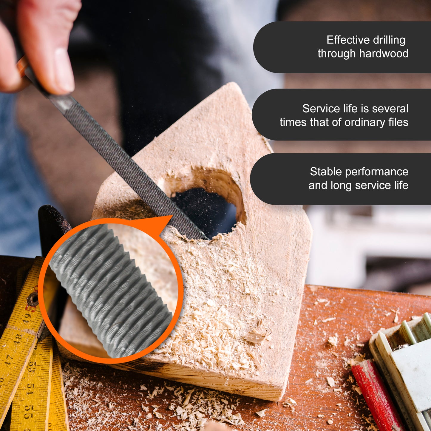 Woodworking tool being used on a piece of wood with text highlighting its features.