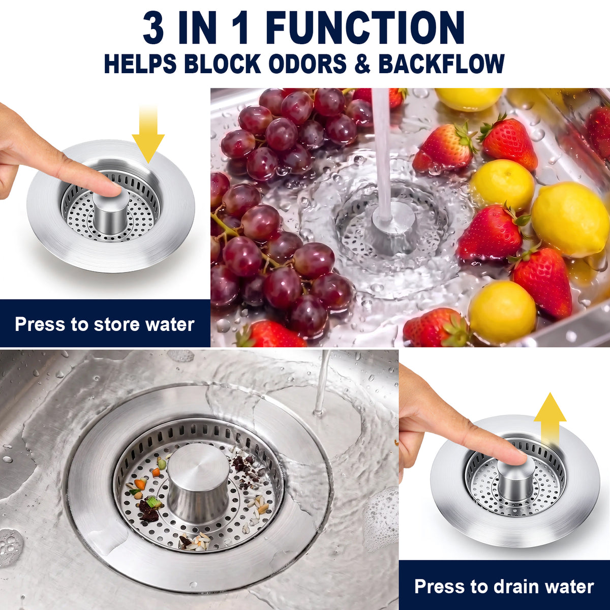 A collage showing a stainless steel kitchen sink drain strainer with text reading '3 IN 1 FUNCTION HELPS BLOCK ODORS & BACKFLOW.' The panels demonstrate the drain in use, with fruit and vegetables in the sink, water flowing through the center, a finger pressing the drain to store water, and a finger pressing the drain to drain water.