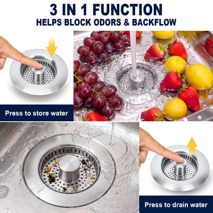 A collage showing a stainless steel kitchen sink drain strainer with text reading '3 IN 1 FUNCTION HELPS BLOCK ODORS & BACKFLOW.' The panels demonstrate the drain in use, with fruit and vegetables in the sink, water flowing through the center, a finger pressing the drain to store water, and a finger pressing the drain to drain water.