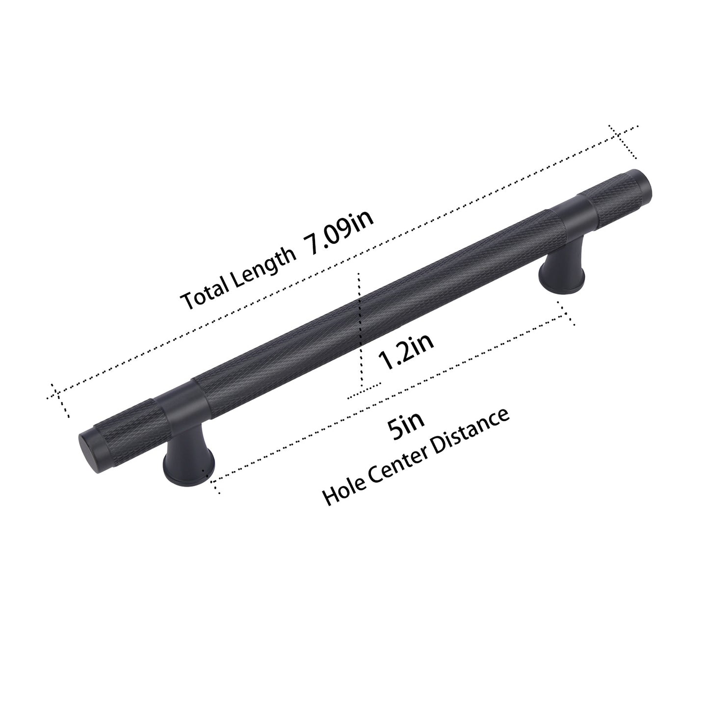 Black cabinet handle with measurements on a white background
