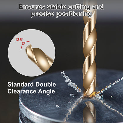 Gold drill bit with a close-up of the cutting edge on a dark background