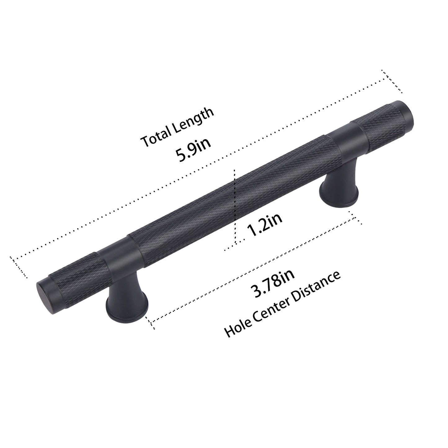 Black cabinet handle with measurements on a white background