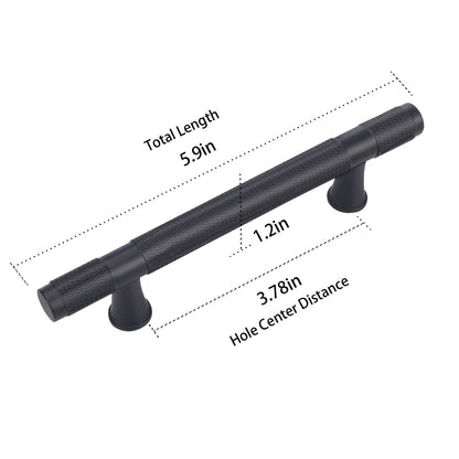 Black cabinet handle with measurements on a white background
