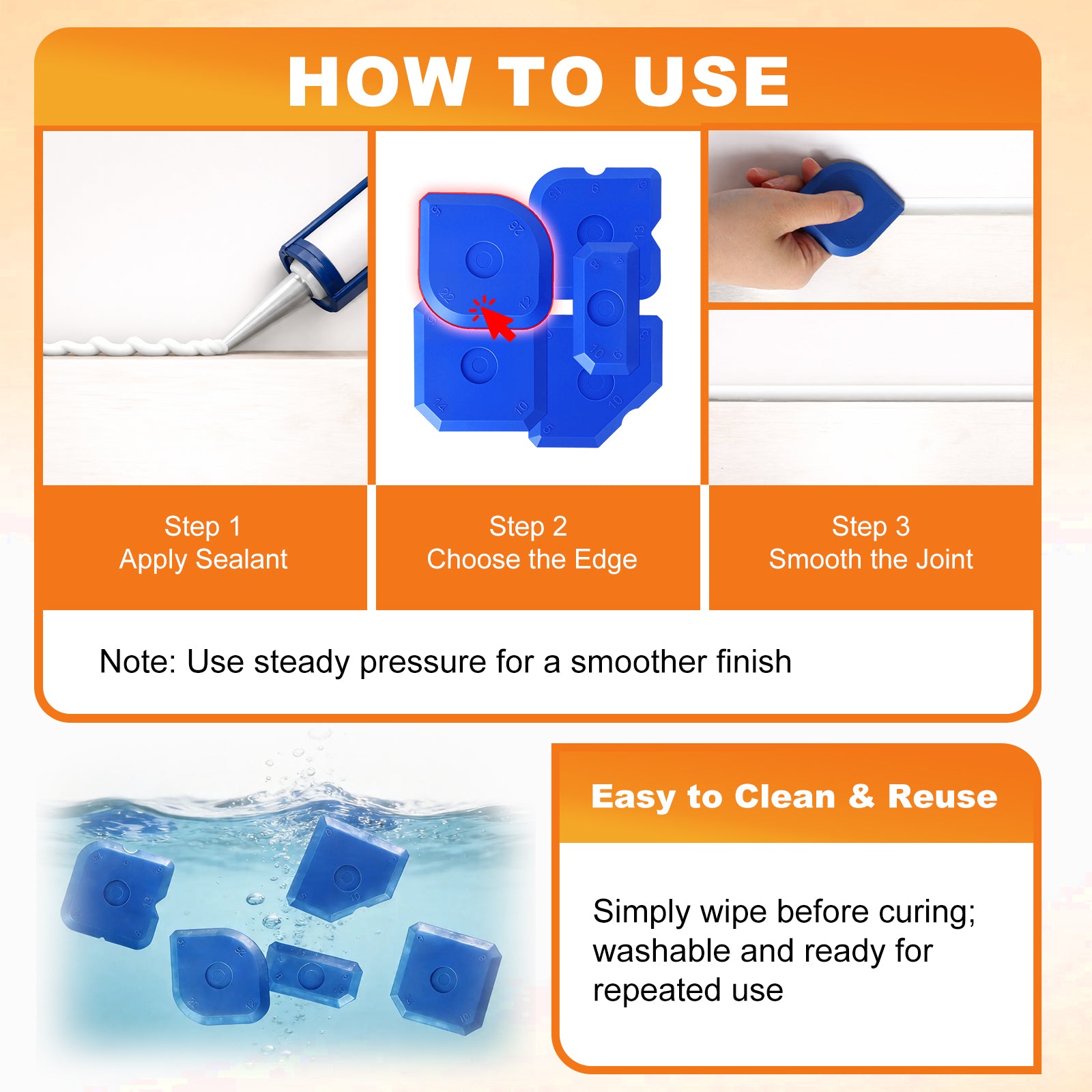 Instructions on how to use a sealing tool with steps and images of application.