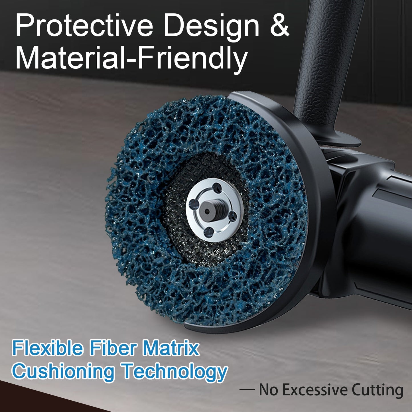 Close-up of a grinding wheel with text highlighting protective design and material-friendliness.