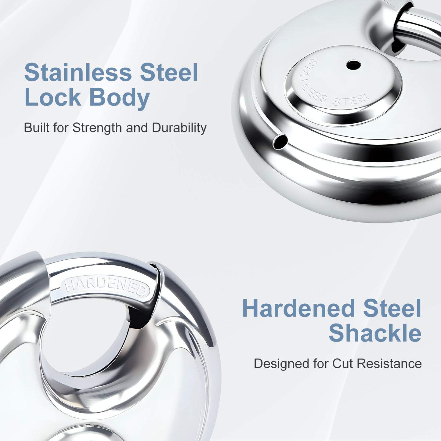 Chrome lock body with hardened steel shackle on a white background