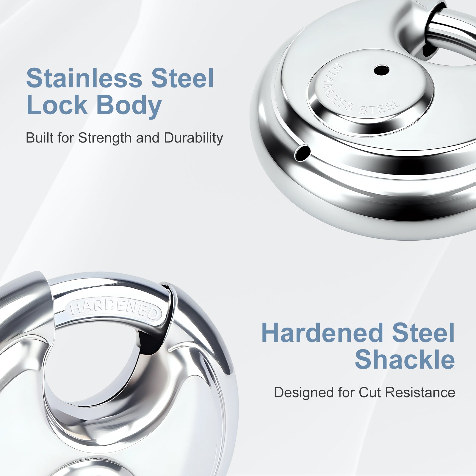 Chrome lock body with hardened steel shackle on a white background