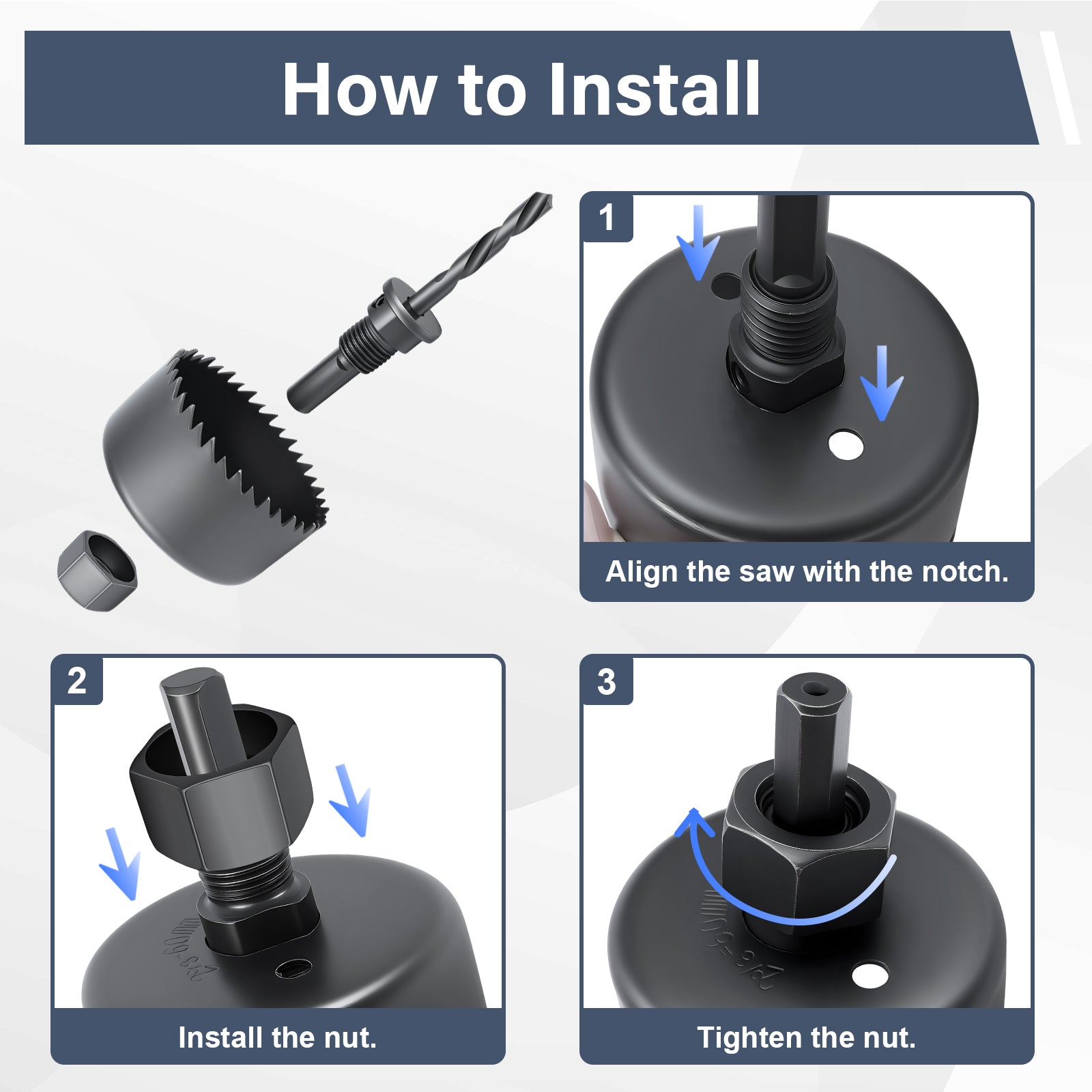 Step-by-step installation guide for a black metal component with text instructions.