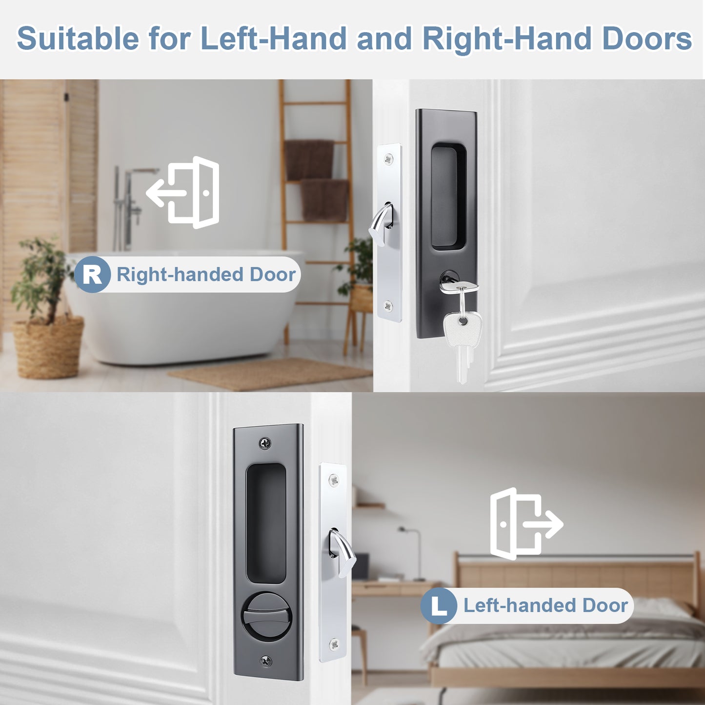 Door handle suitable for left-hand and right-hand doors with bathroom and bedroom settings.