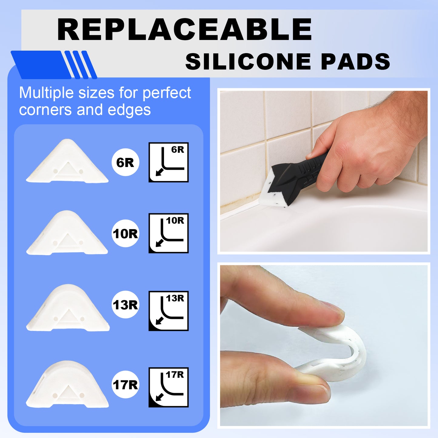 Replaceable silicone pads with various sizes for corner and edge application, shown with a hand using a tool and a close-up of a pad.