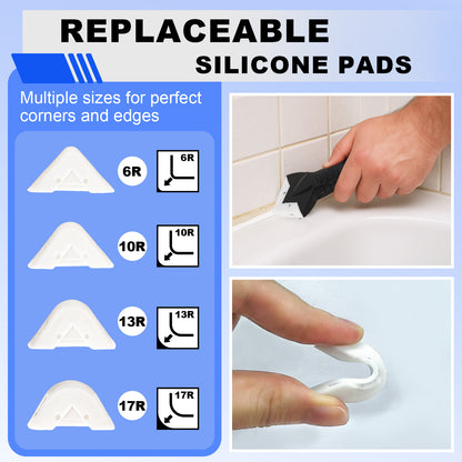 Replaceable silicone pads with various sizes for corner and edge application, shown with a hand using a tool and a close-up of a pad.