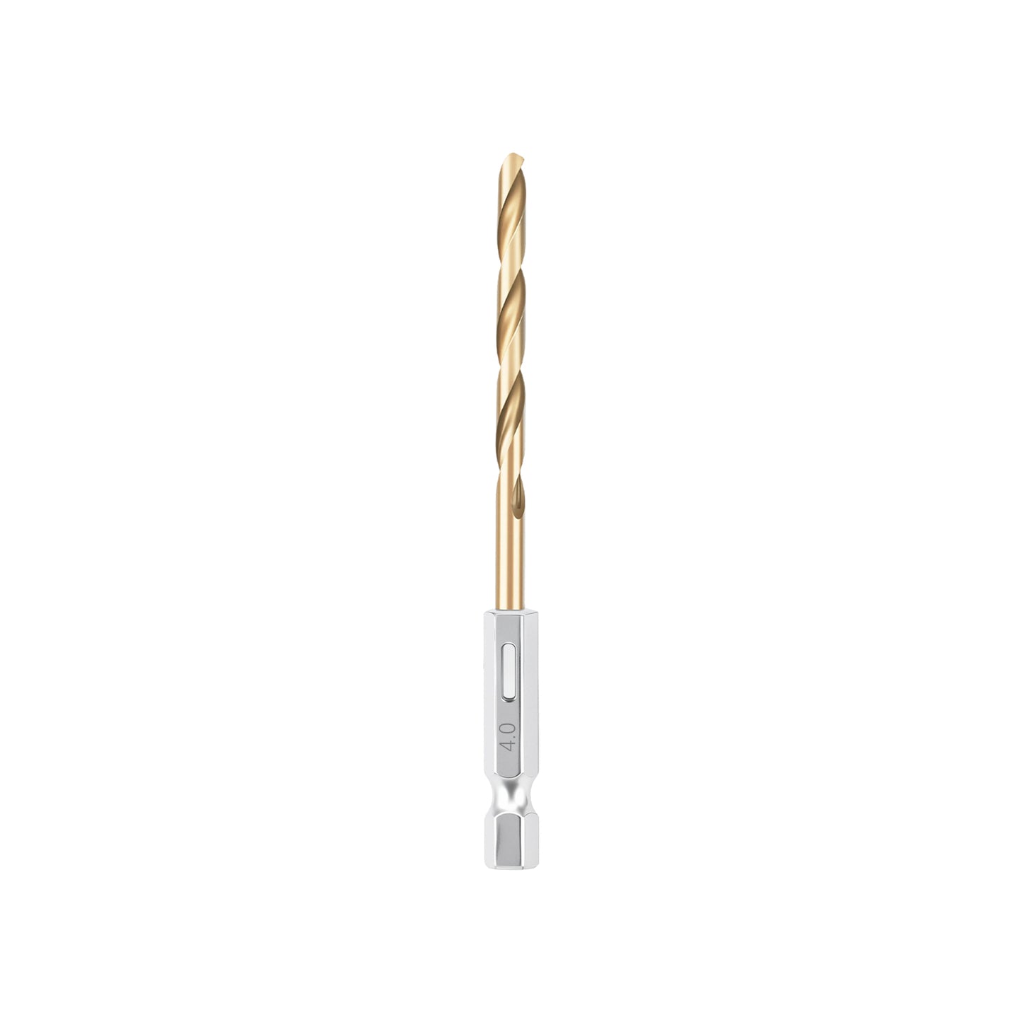 Drill bit with a silver base and gold spiral on a white background